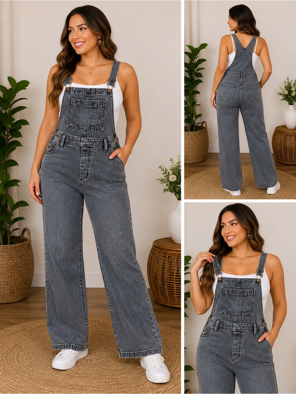 Women's Vintage-Style Charcoal Denim Overalls